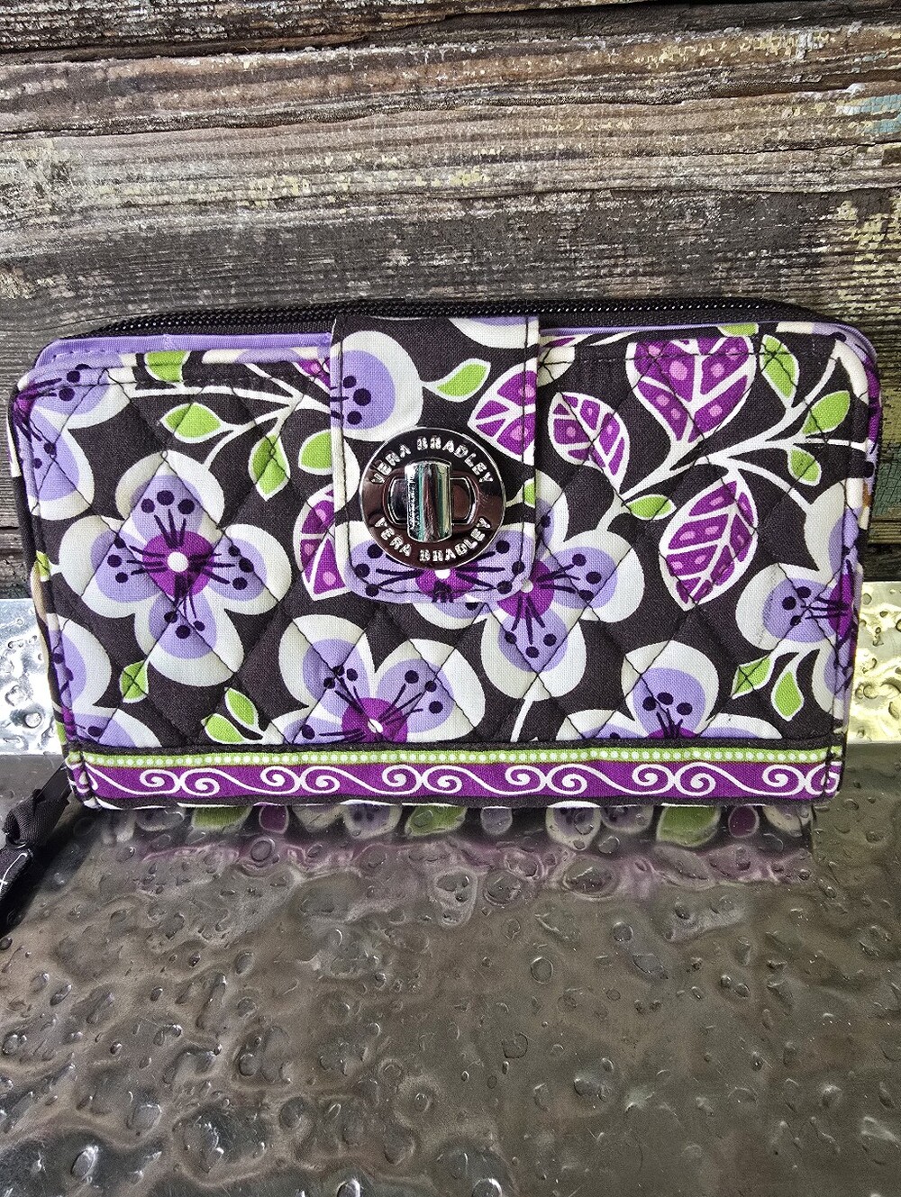 Vera Bradley Turn Lock Wallet Purple Floral Zip Around Organizer Clutch